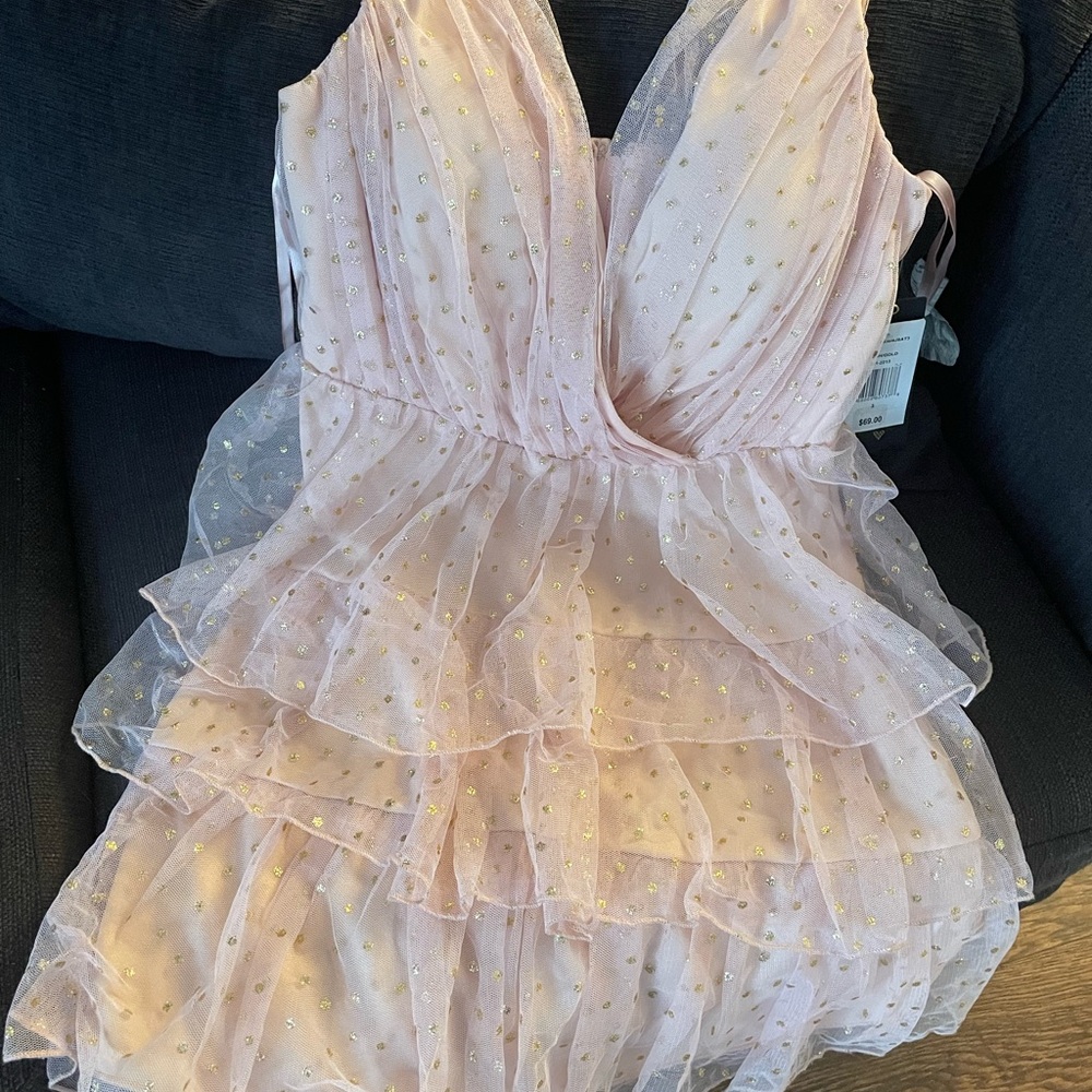BNWT Mesh pink ruffle with dot of golden dress - Picture 2 of 10